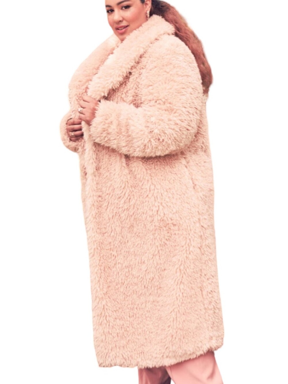 Eloquii Plush Faux Shearling Long Coat - Beige Plus Size 18 20 2X - Picture 4 of 10
